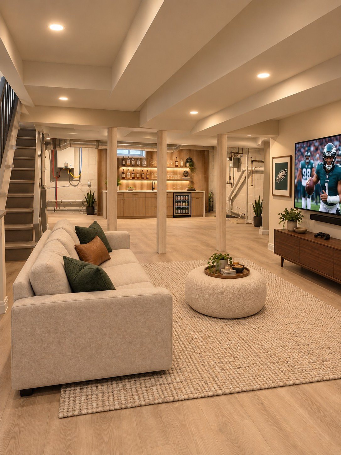 Concept rendering: finished basement with a sofa, wall TV, wet bar and recessed lighting